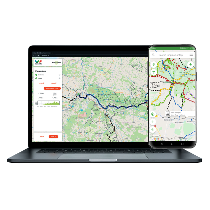 Screeny z aplikacji mobilnej i komputera desktop przedstawiające sieć szlaków na mapie